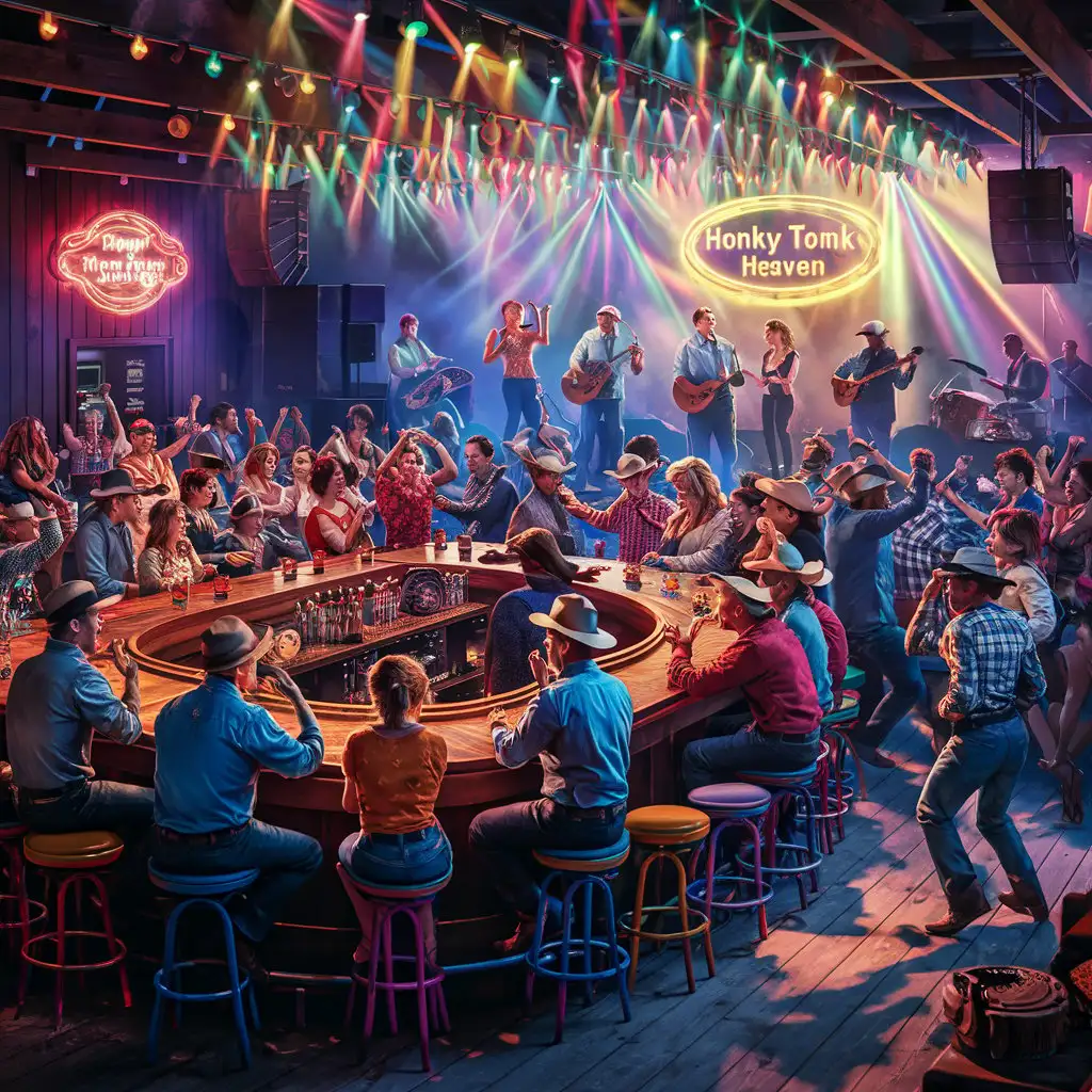 honky tonk bar, wooden bar, stools, crowd, stage, audience, neon sign, colorful lighting, music