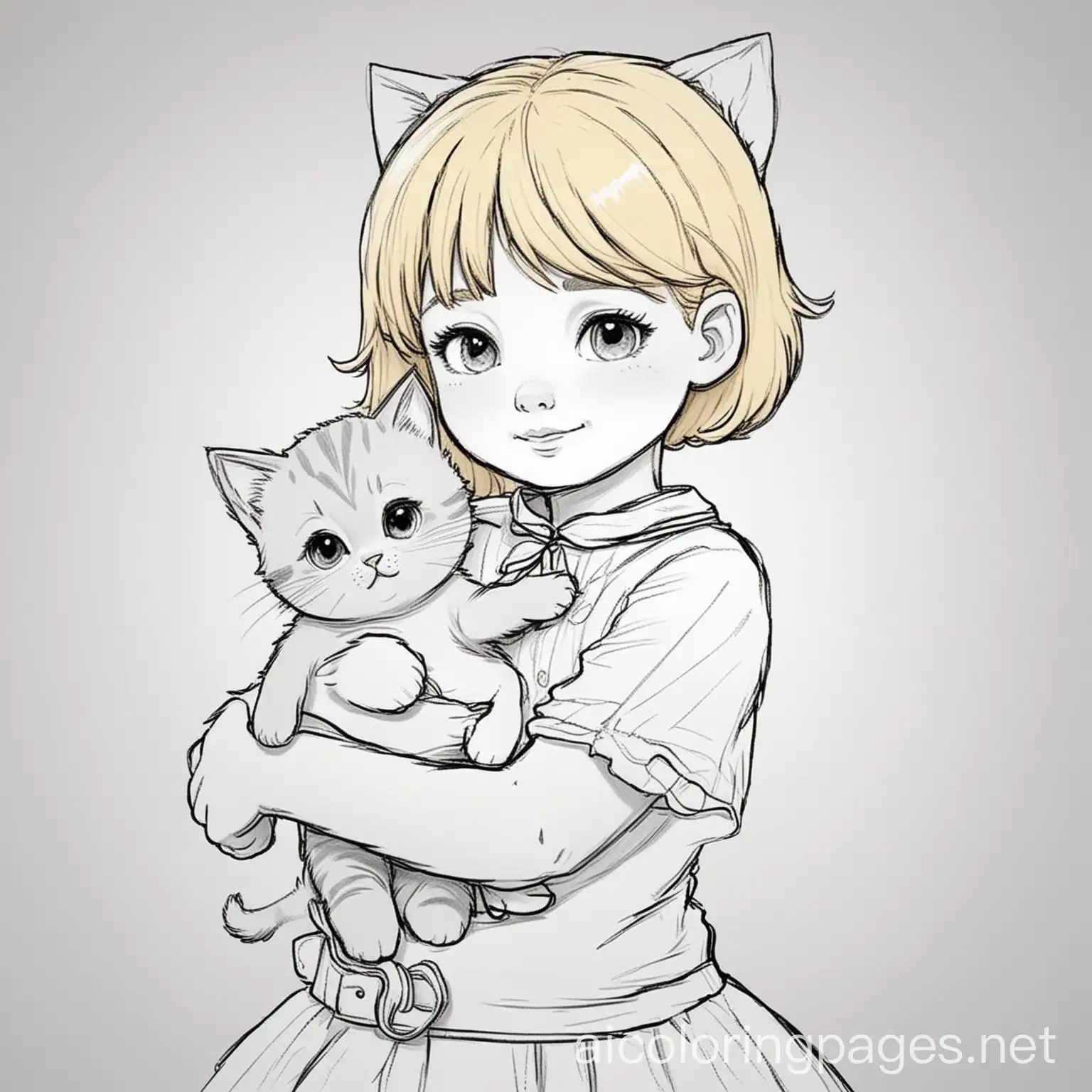 blond short hair 6 year old girl cat in arms, Coloring Page, black and white, line art, white background, Simplicity, Ample White Space. The background of the coloring page is plain white to make it easy for young children to color within the lines. The outlines of all the subjects are easy to distinguish, making it simple for kids to color without too much difficulty