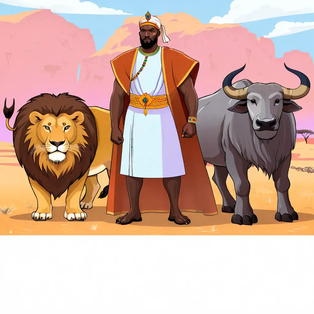 Malian King with Majestic African Wildlife Lion and Cape Buffalo