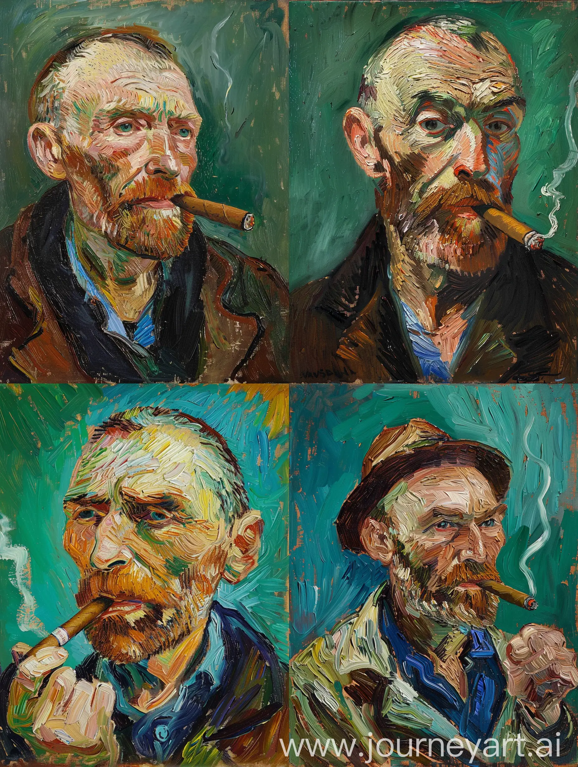 oil painting of an old man smoking cigar in van gogh