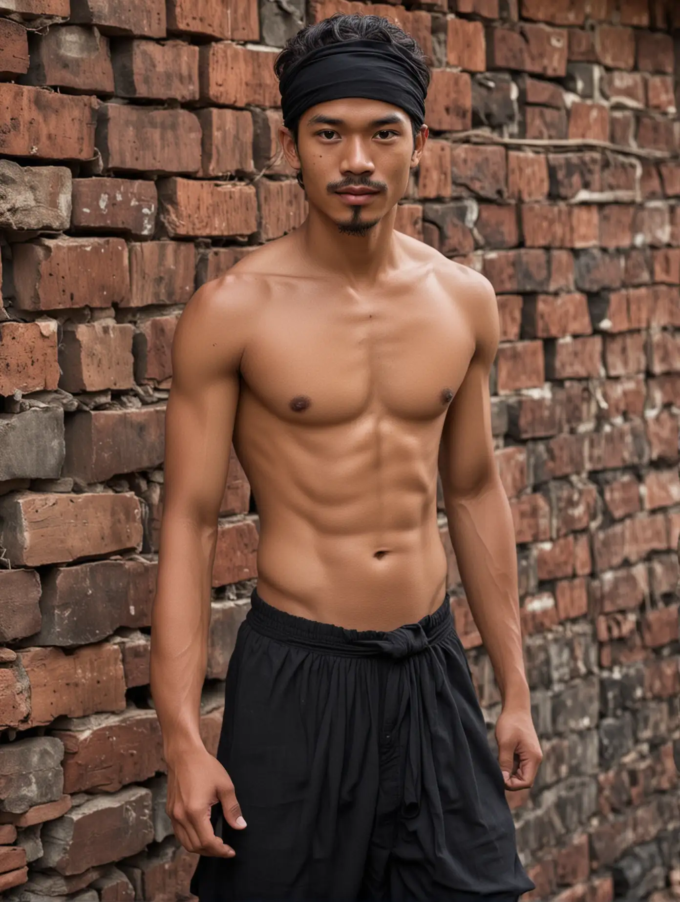 22 year old bare-chested Indonesian man, light skinned, mustache, wavy hair, shirtless, wearing a plain black Indonesian long cloth, shirtless, wearing a plain black traditional Indonesian headband, in a traditional brick house