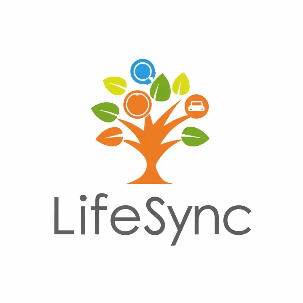 a logo design,with the text "LIFESYNC", main symbol:Imagine a stylized tree with interconnected branches representing the different aspects of life: tasks, budget, and journaling. Each branch could have its own distinct symbol or icon representing its function. For example, a checklist for tasks, a coin for budget tracking, and a diary for journaling.,Moderate,clear background