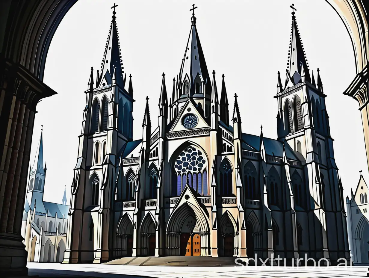 gothic cathedral, artist's view, thick pencil drawing, clean lines, no details, only contours and shapes, hyper resolution, 8k