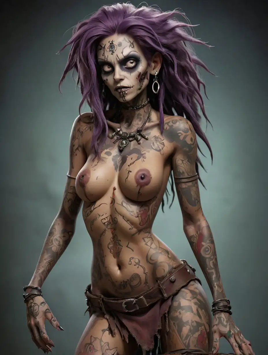Voodoo female naked zombie with tattoos
