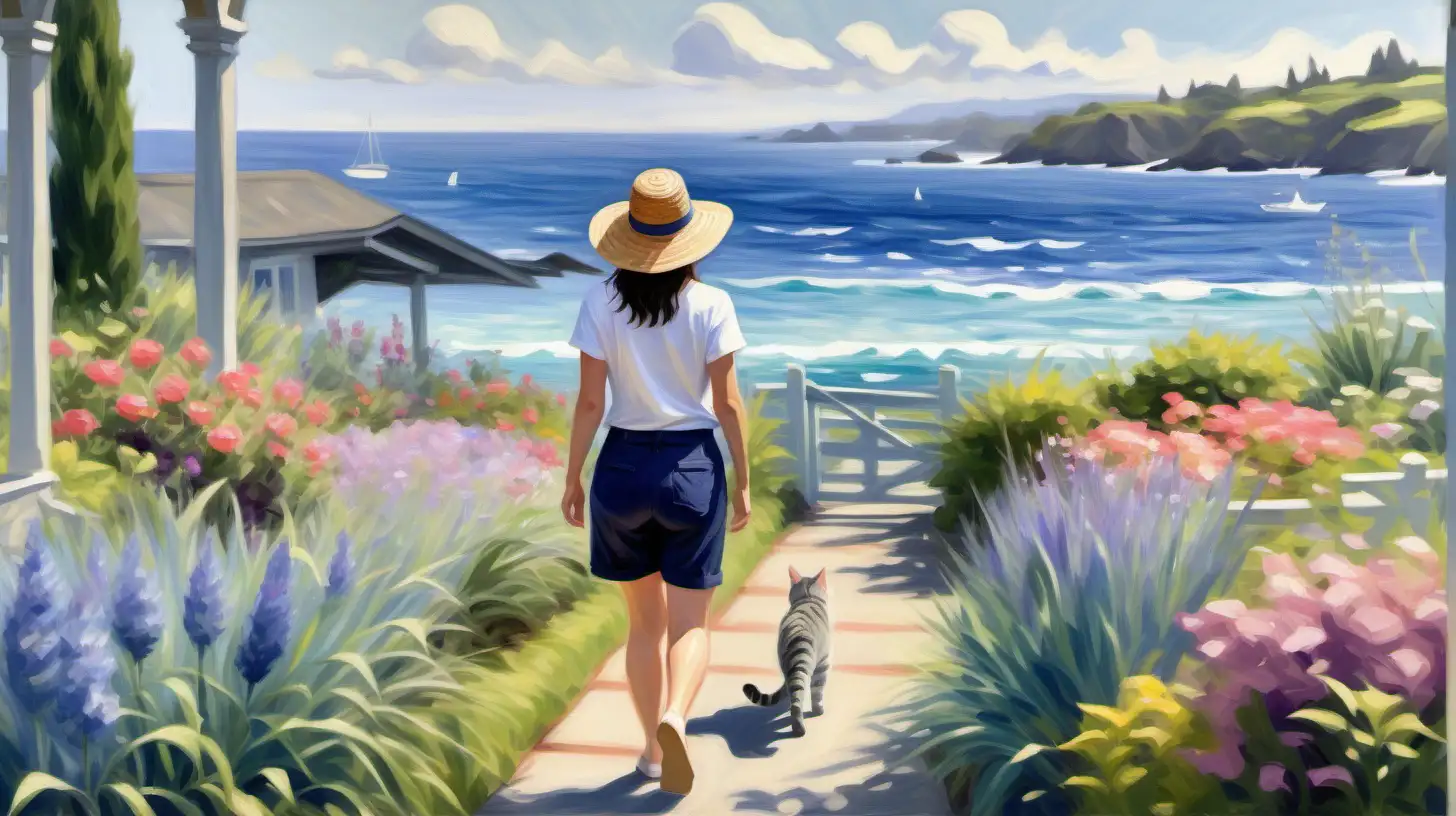impressionist painting, seen from a distance a woman with shoulder length dark hair dressed in  navy blue Bermuda shorts, white t shirt, straw hat, seen at a distance walking through a garden, two gray tabby cats accompany her, depth of field to a glimpse of ocean with Pacific Northwest shore line