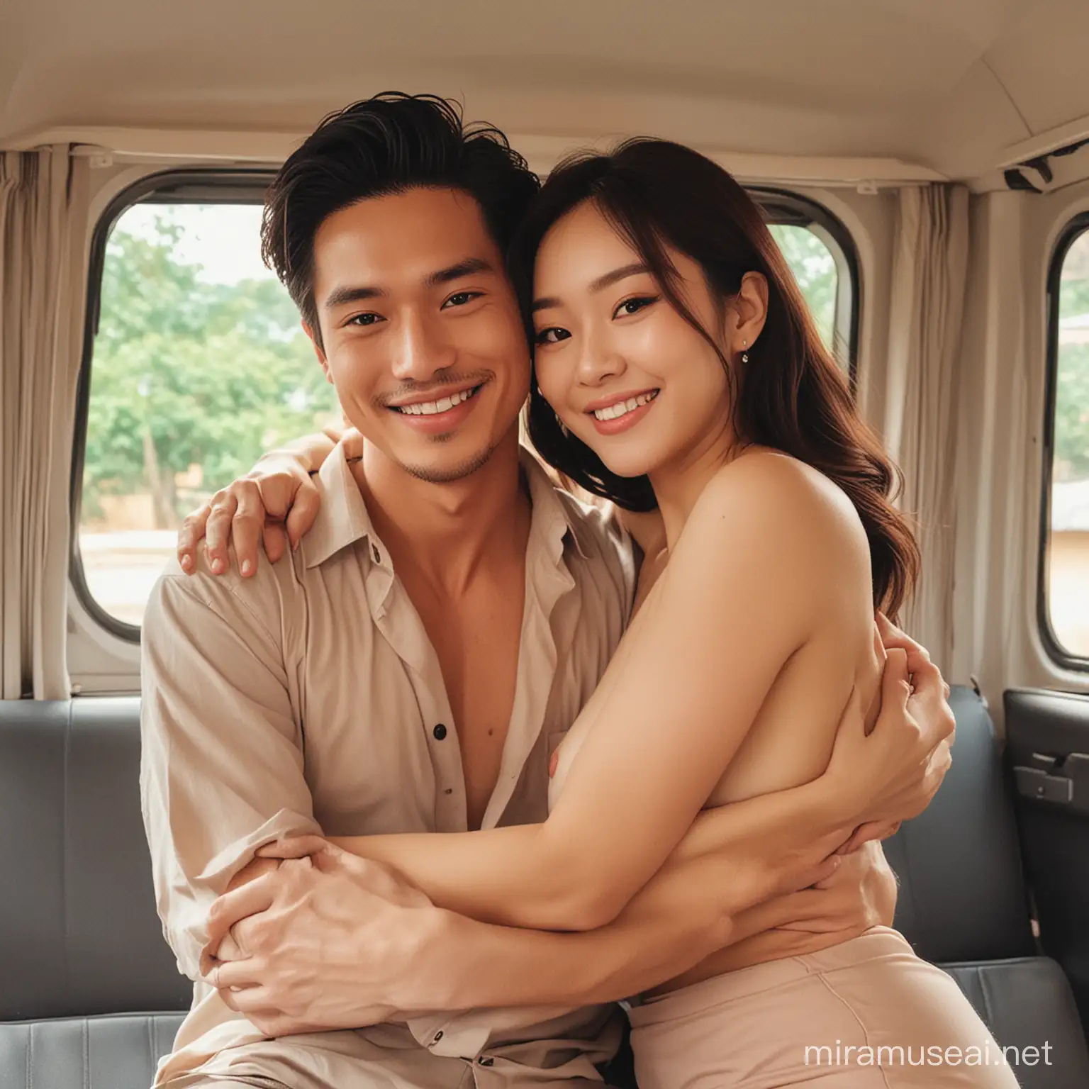 Couple, romantic, they are sitting in the back of a car with a man holding a woman, couple pose, photoshoot, by Tan Ting-pho, lovely couple, couple, patiphan sottiwilaiphong, tithi luadthong, promo, romantic couple, 😭🤮 💔, 🤬 🤮 💕 🎀, promo art, cindy avelino, smile face happy, nude, (romantic lift hug). 
