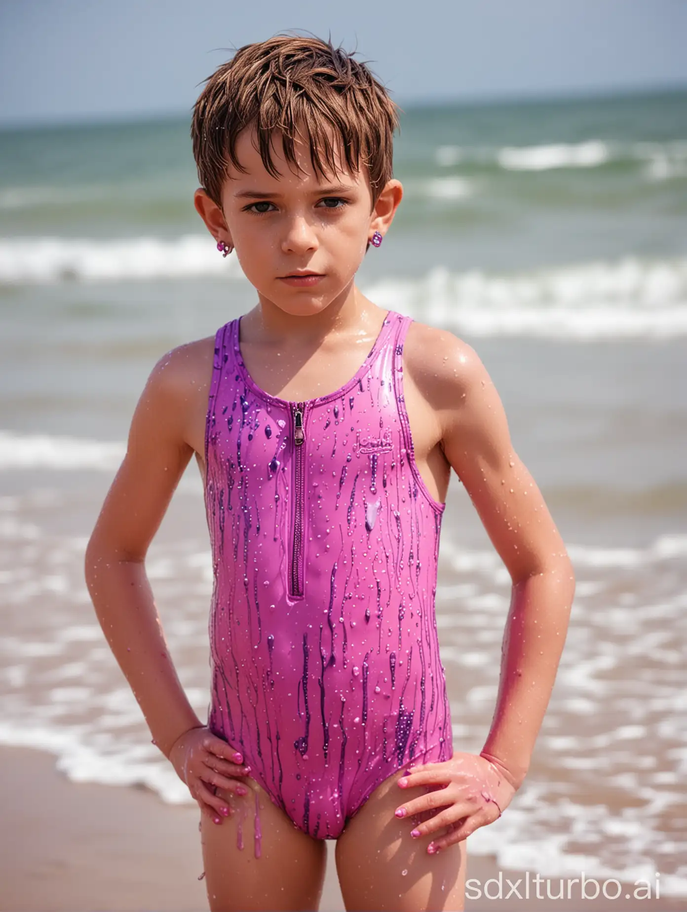 A handsome 8 year old boy iis wearing a tight pink and purple wet one piece swimsuit at the beach not looking amused. He is also wearing pink earrings and his fingernails are painted pink.