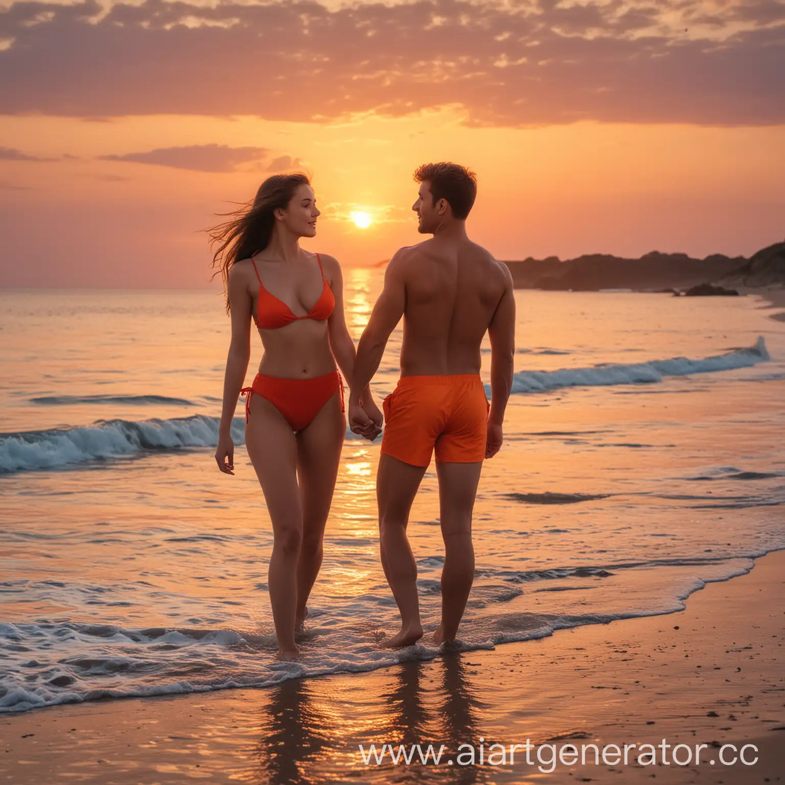 Stylish-Couple-Enjoying-Sunset-Beach-Moment-Handsome-Guy-and-Girl-in-Swimsuits