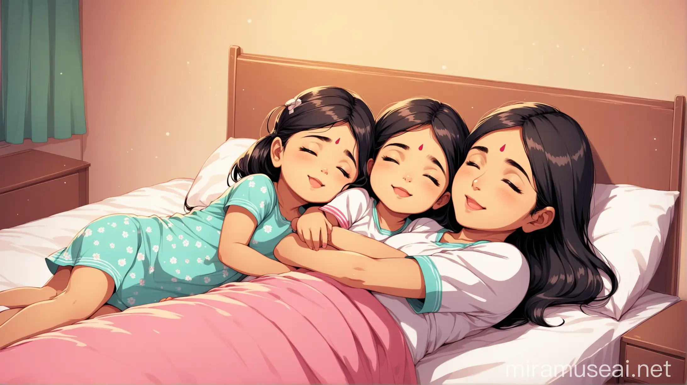 Indian modern nuclear family: Two small daughters are sleeping. Mother happily waking them up in the bedroom