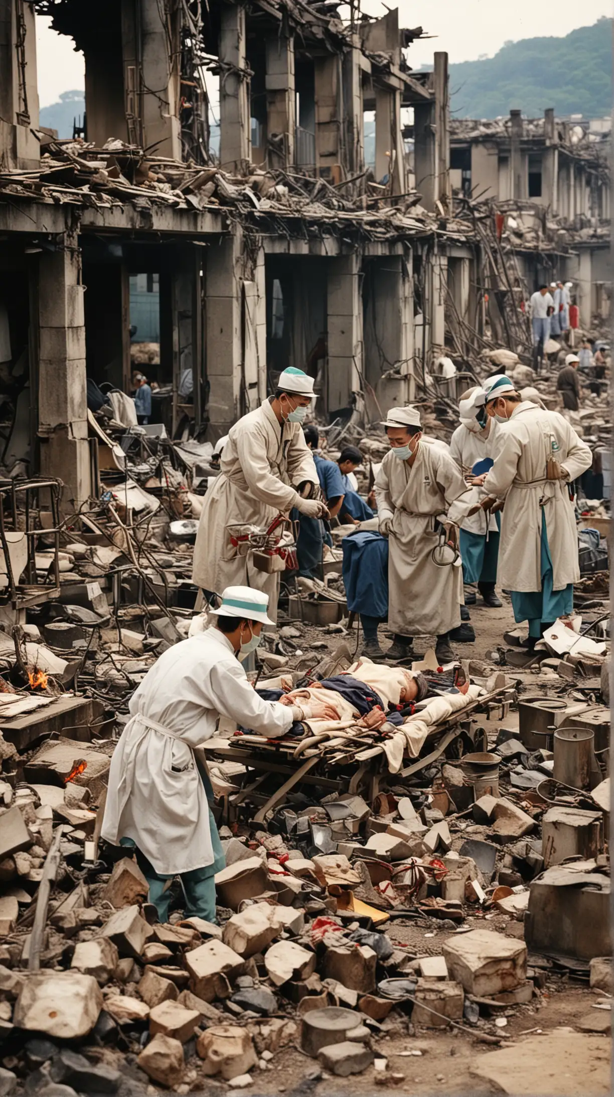 Medical Assistance in Hiroshima: Doctors and nurses providing medical assistance to burn victims and radiation patients in a makeshift hospital set up amidst the ruins of Hiroshima. colorful 