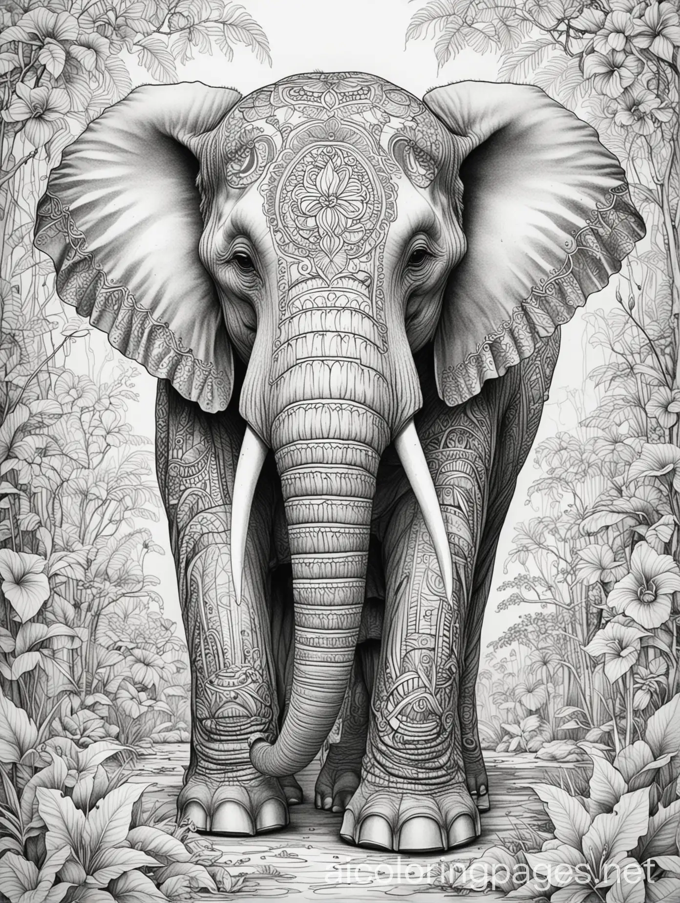 line work, coloring book, majestic elephants, jungle fantasy, intricate, complex, no shading, zen, black and white, thick outlines, white background, black ink tattoo design, Coloring Page, black and white, line art, white background, Simplicity, Ample White Space. The background of the coloring page is plain white to make it easy for young children to color within the lines. The outlines of all the subjects are easy to distinguish, making it simple for kids to color without too much difficulty