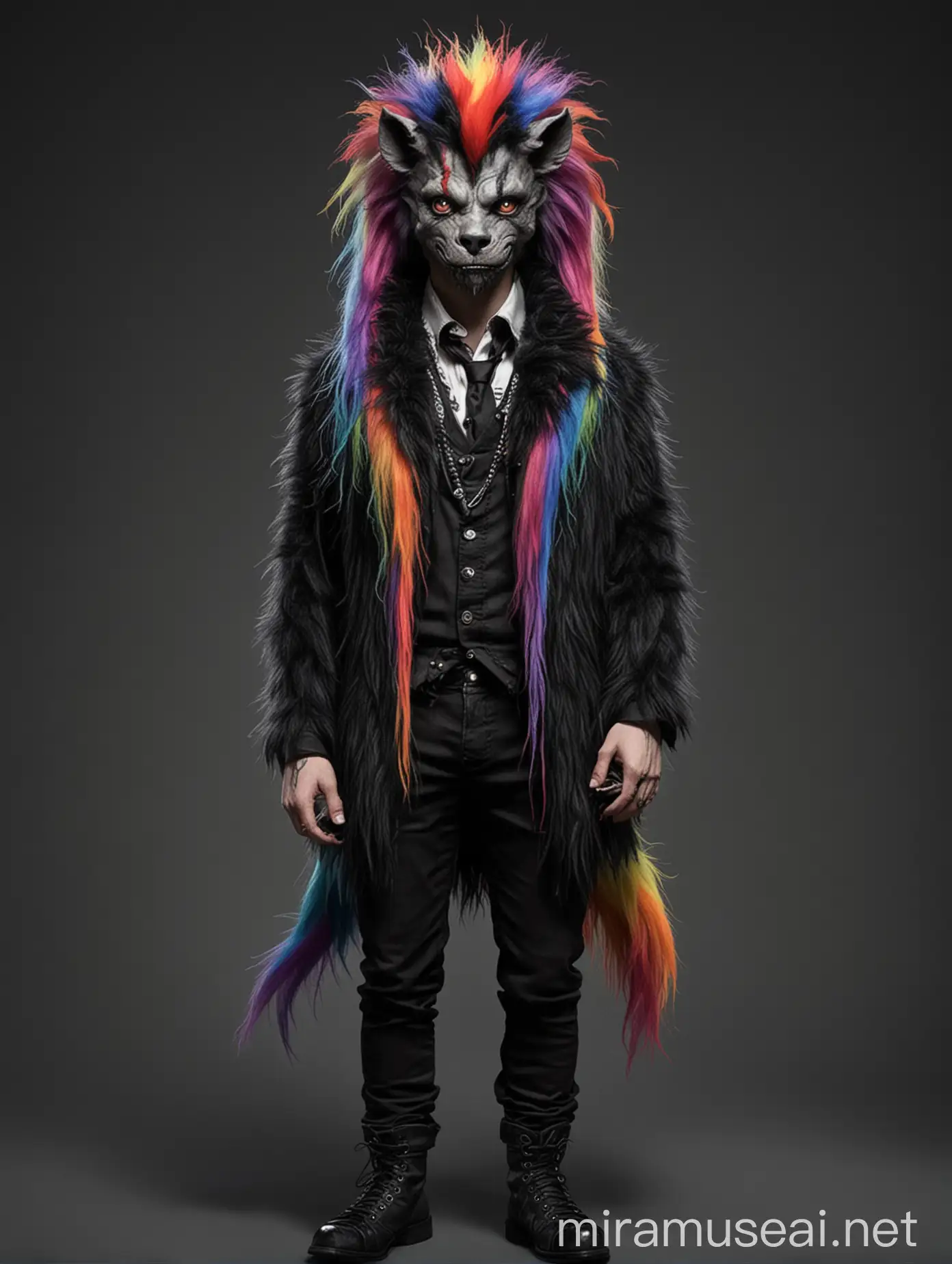 Turn this guy into a cute furr monster in gothic style, full body in dark colours but with rainbow furr, with a pony tail hair
