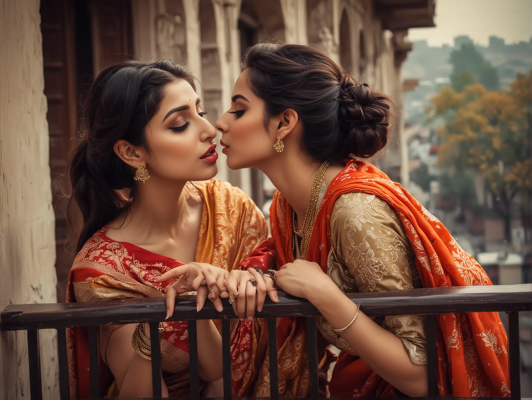 Two iranian hot girls,banarasi saree, best makeup,one girl grabbing and smooching other girl in balcony,high contrast, ultra realistic