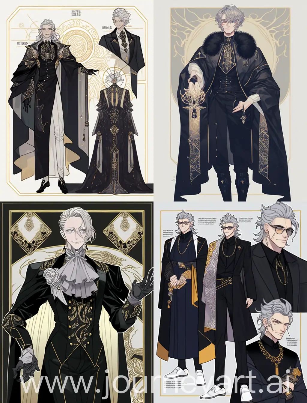 list of characters, anime, ancient Greek fashionable outfit, luxurious modern clothes, short unruly gray hair, pink eyes, empty look, evil man, handsome, with pale skin, hands in black gloves, many layers, soft edges, illustrations, embossed layout, high detail, depth, many details, masterpiece