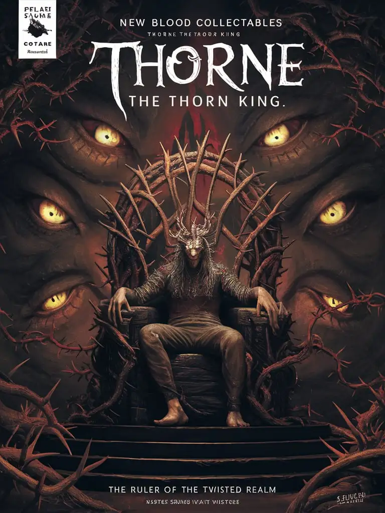 Design a detailed #1 comic book cover for "New Blood Collectables"""Thorne, the Thorn King" FSC-certified uncoated matte paper, 80 lb (120 gsm), with a slightly textured surface. 
Cover art: A haunting image of Thorne sitting on a throne, surrounded by thorny vines and eerie, glowing eyes.
Tagline: "The ruler of the twisted realm" Add_Details_XL-fp16 algorithm, 3D octane rendering style (3DMM_V12) with the mdjrny-v4 style, infused with global illumination --q 180 --s 275 --ar 3:4 --chaos 500 --w 500
