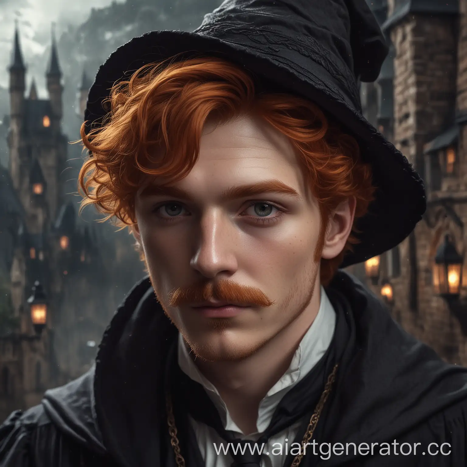 young wizard, ginger hair, total black eyes, with mustache, fantasy setting, art