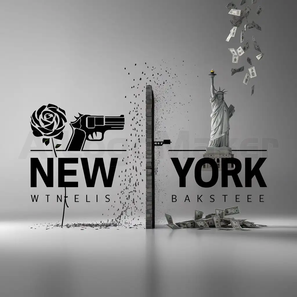 a logo design,with the text "New York", main symbol:generate simple logo, left side is rose and gun composition, right side is Statue of Liberty, middle is a narrow wall separating, left side of the wall top drizzling rain, right side of the wall top drizzling money,Minimalistic,clear background