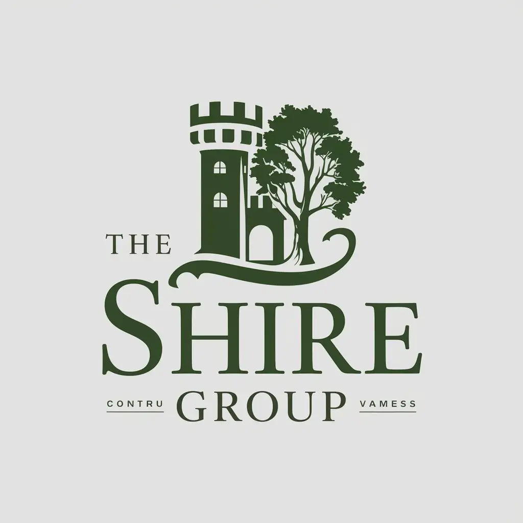 a logo design,with the text "Shire Group", main symbol:Create a logo for my company called Shire Group. The style should be traditional, with a color palette that includes green. It could be only green or green with other colors. Shire Group is a construction and real estate development company specializing in traditional stone construction homes and development of agricultural neighborhoods. Our homes are natural, built in a traditional style, and connected to the outdoors, durable, and oriented to community interaction. The people who buy our homes value living in community, participating in the production of food, enjoy homesteading, appreciate historical architectural styles, and enjoy the outdoors. Many of the people interested in our homes are religious and appreciate the religious art in our neighborhoods. Some symbols that we connect with our brand: castle, tower, shield, tree, livestock, market, medieval or renaissance fonts and styles, fantasy fiction stories, hammer, chisel.,complex,be used in construction and real estate development company industry industry,clear background
