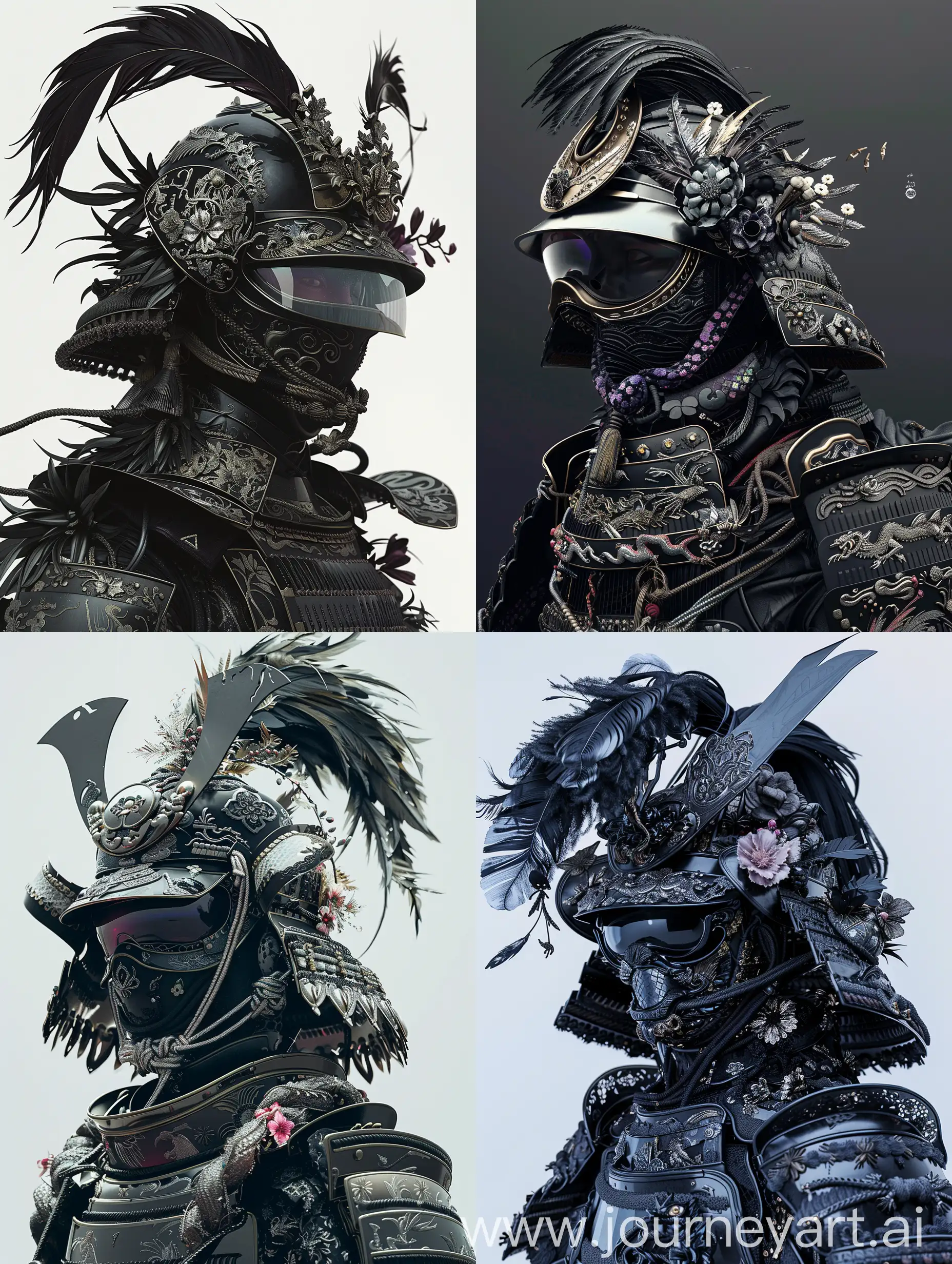 A highly detailed and ornate samurai warrior wears an elaborate suit of armor in various shades of black. The helmet features intricate decorations with feathered and floral elements, a large, curved crest, and detailed embellishments. The mask and armor plates are adorned with delicate patterns, including flowers and dragons, and the samurai's face is partially hidden behind tinted goggles. The overall color scheme is predominantly black, creating a visually striking and unique look. The armor gleams as if it were brand new."