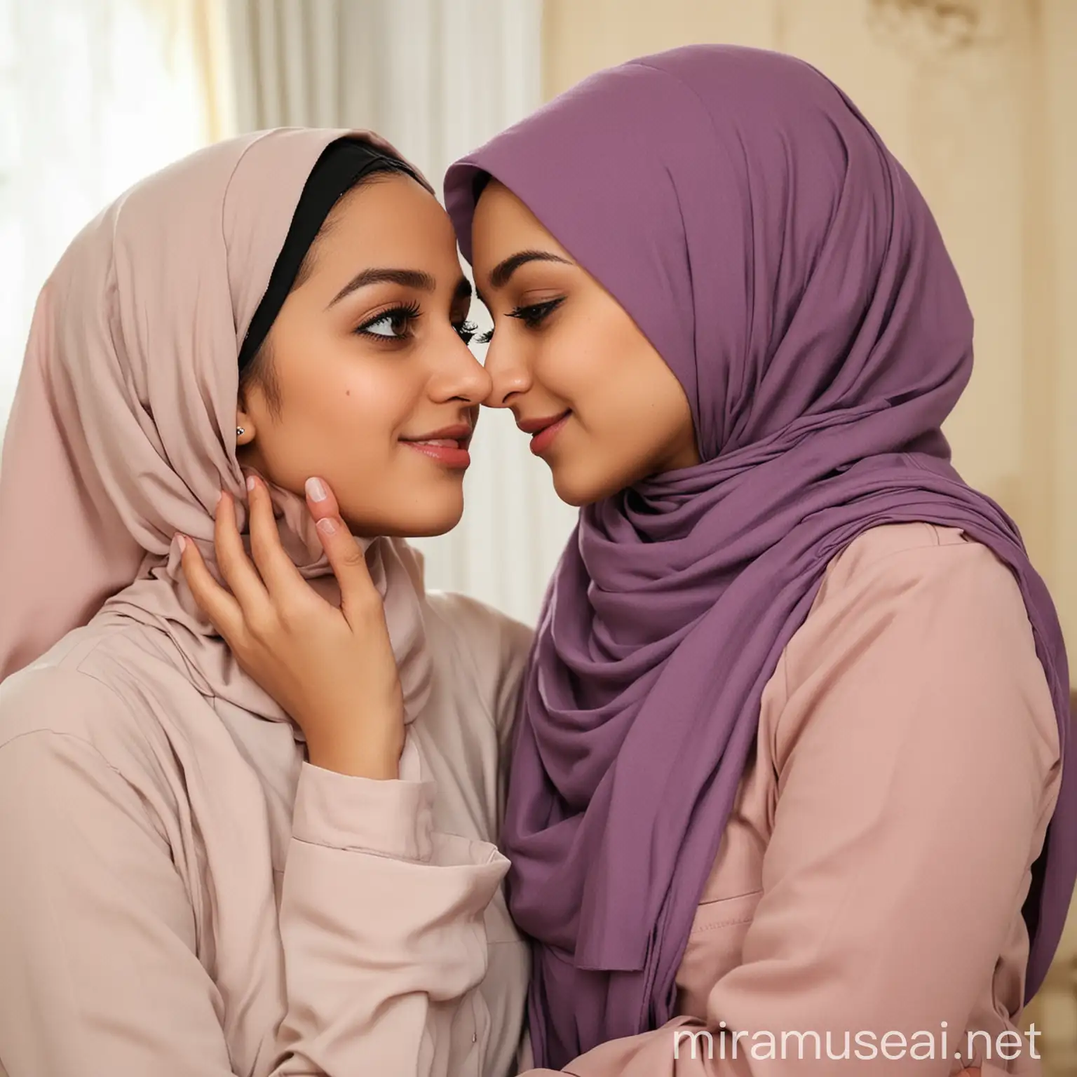 Muslim Lesbian Couple Embracing at Home