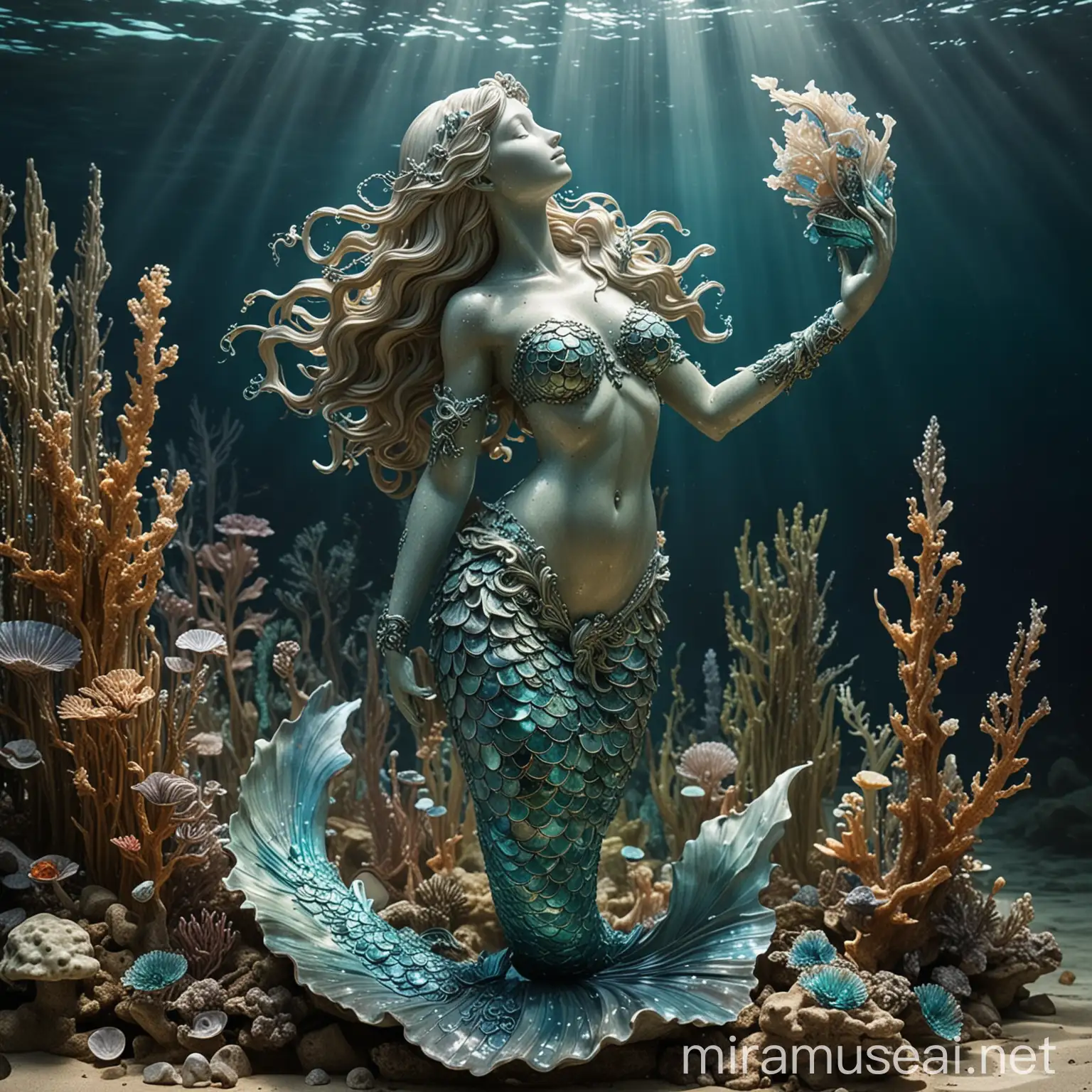 At the heart of the ocean's depths, nestled among vibrant coral formations and swaying sea plants, stands a majestic statue of a mermaid. Carved from iridescent abalone and other marine materials, the statue exudes an ethereal beauty that captivates all who behold it. The mermaid's graceful form is frozen in time, her tail shimmering with hues of azure and emerald, reminiscent of the ocean's depths.

With outstretched arms and a serene expression, the mermaid seems to beckon to all who venture near, her eyes sparkling with an otherworldly wisdom. The intricate details of her scales and flowing hair are a testament to the skill of the artisan who crafted her, each delicate feature a tribute to the wonders of the sea.

As sunlight filters down from the surface above, casting dappled rays of light upon the ocean floor, the statue seems to come alive with a mesmerizing glow. It is a timeless tribute to the enchanting beauty of the underwater world, a silent guardian of the secrets that lie beneath the waves.

