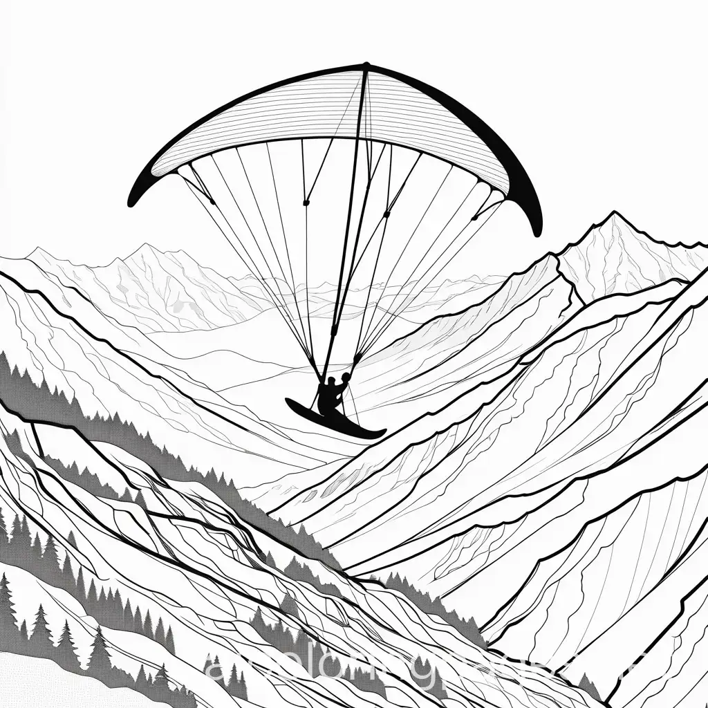 hang gliding in the swiss alps, Coloring Page, black and white, line art, white background, Simplicity, Ample White Space
