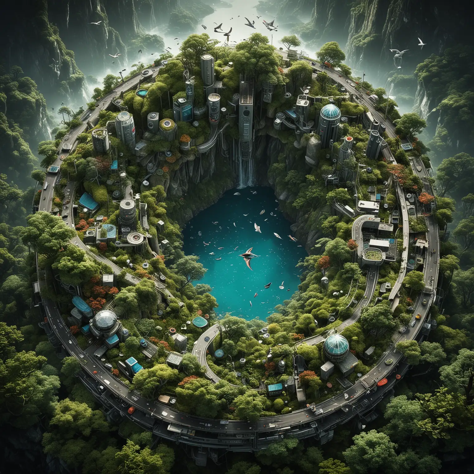 Create for me a bird's eye view of an imaginary fantasy world of advanced technology and nature, realistic