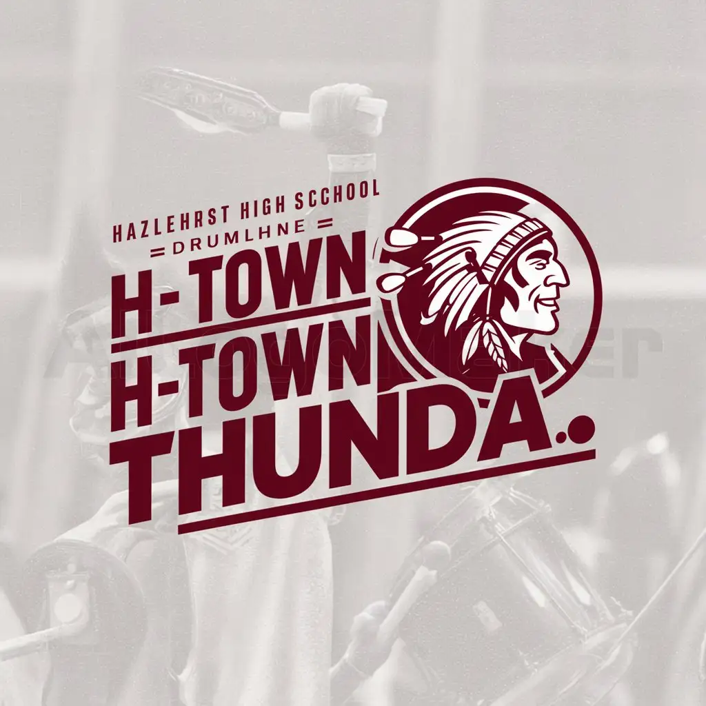 a logo design,with the text "HAZLEHURST HIGH SCHOOL DRUMLINE called 'H-TOWN THUNDA' Colors are Maroon and White. Transparent no background", main symbol:Hbcu style Drumline Section Indian Mascot Head,Moderate,clear background