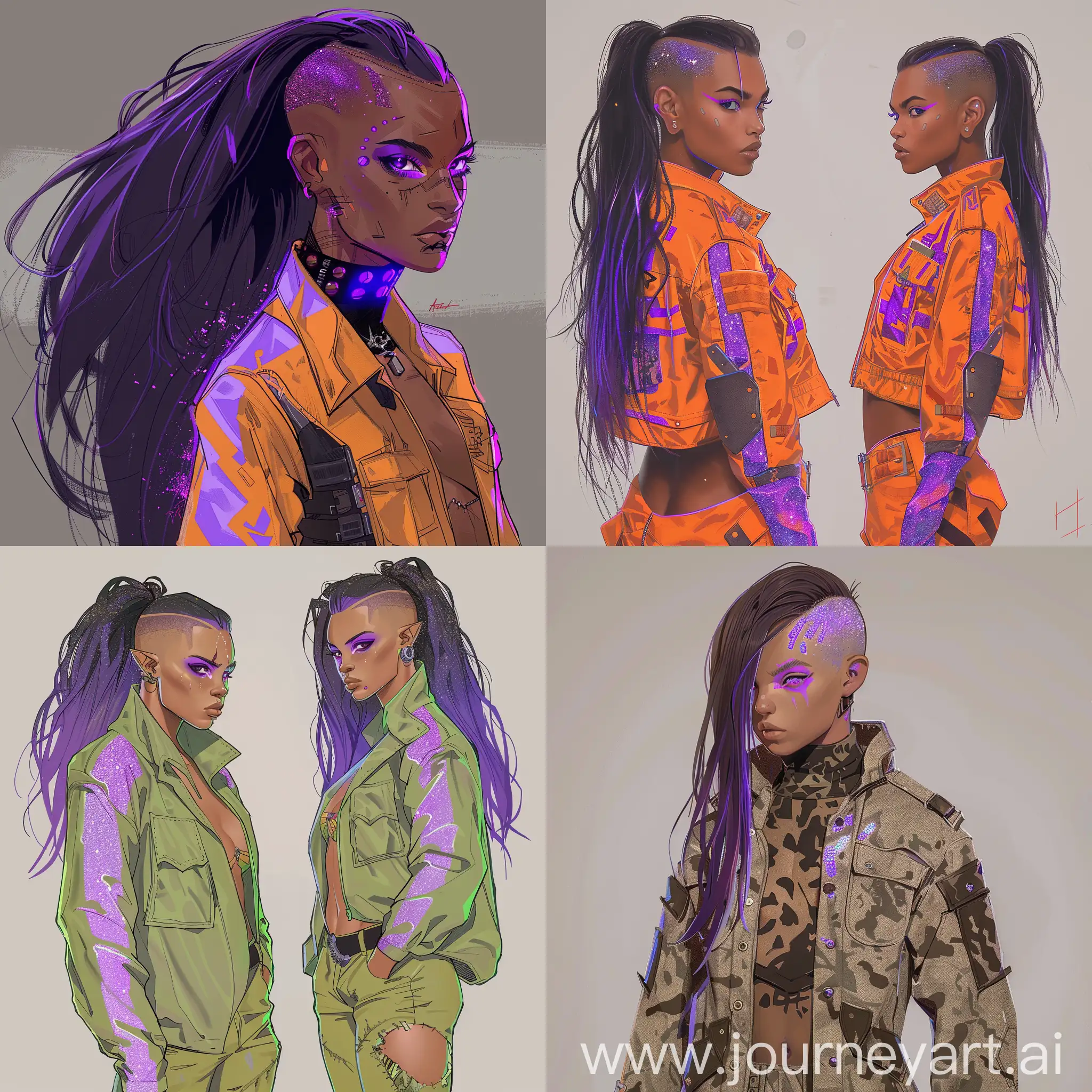 Full body, character design, concept art, character sheet, Race Profound, Female, Clothing Style Militaristic, Eye-purple color, unusually shaped irises, floor-length hair, strands on the sides, half shaved hair, Hair Color neon purple, glitter,  anime artstyle, semi realism artstyle