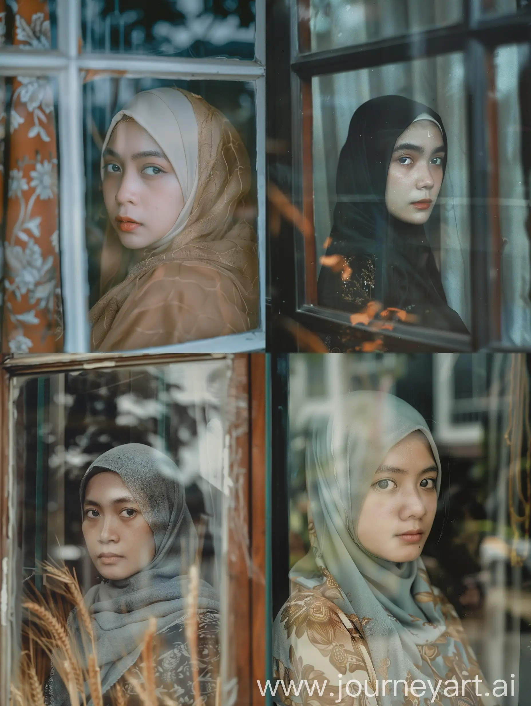 portrait of a beautiful Indonesian hijab woman in . very strong reflection in the window. He looked far outside blankly. calm nostalgic atmosphere. wheat film. Kodak Portra Film. original photo. very detail. 8K HD