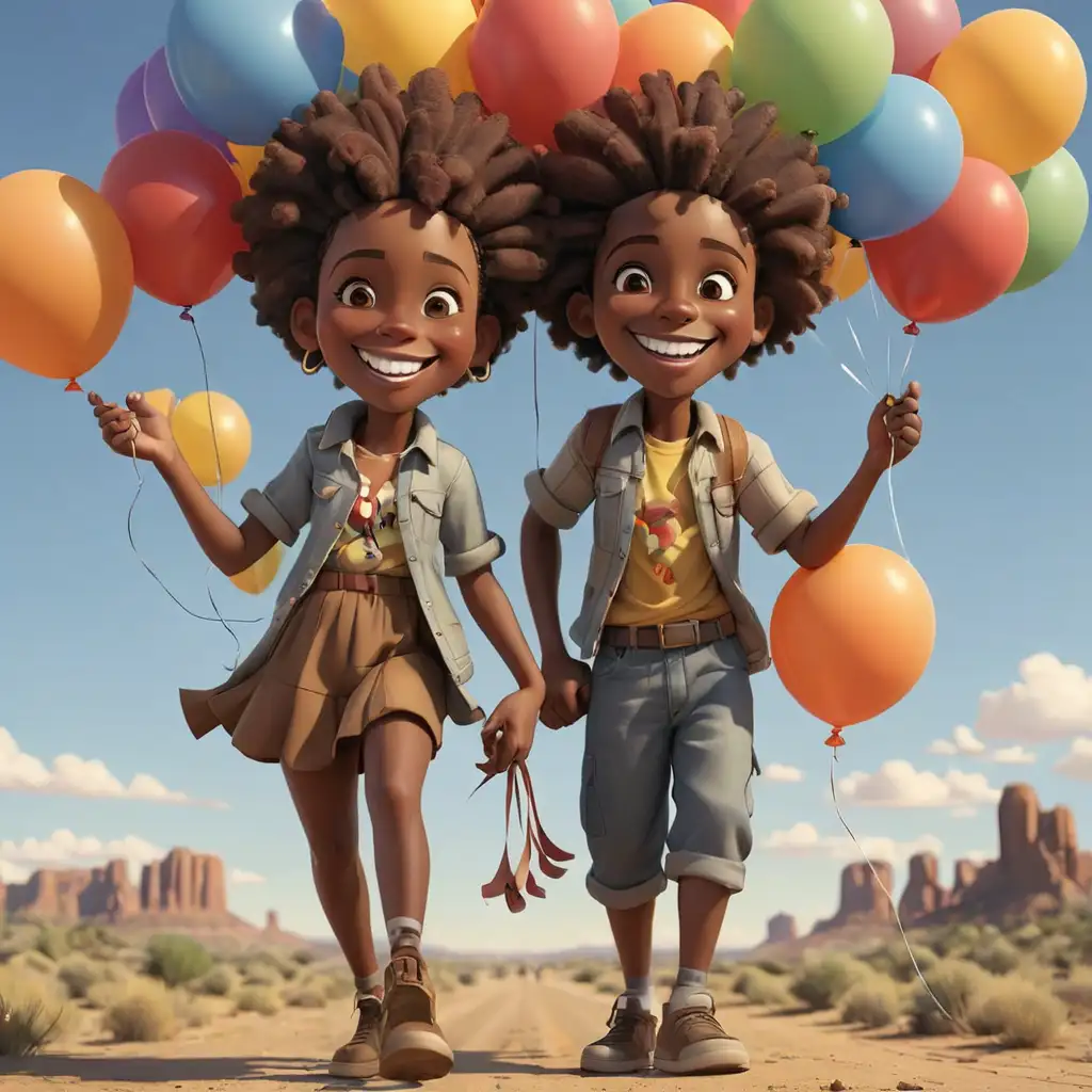 defined 3D cartoon-style African Americans with balloons in New Mexico smiling
