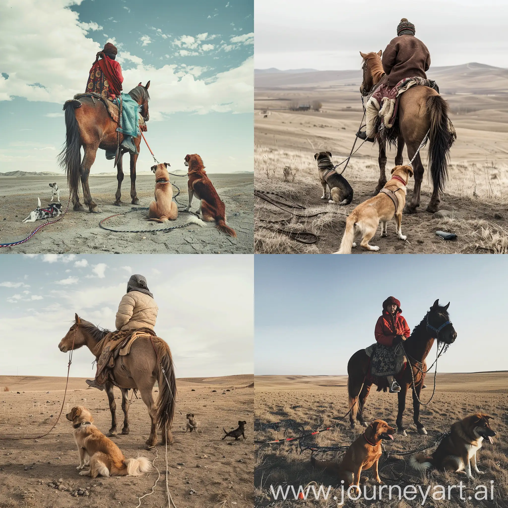 Kazakh-Person-Riding-Horse-with-Two-Leashed-Dogs