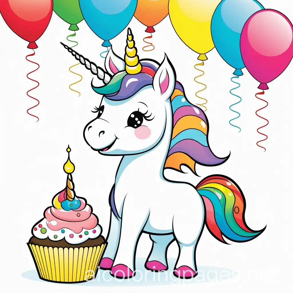 painted loving happy cute  animated unicorn with a rainbow in the background, colorful and balloons and unicorn cupcakes, Coloring Page, black and white, line art, white background, Simplicity, Ample White Space