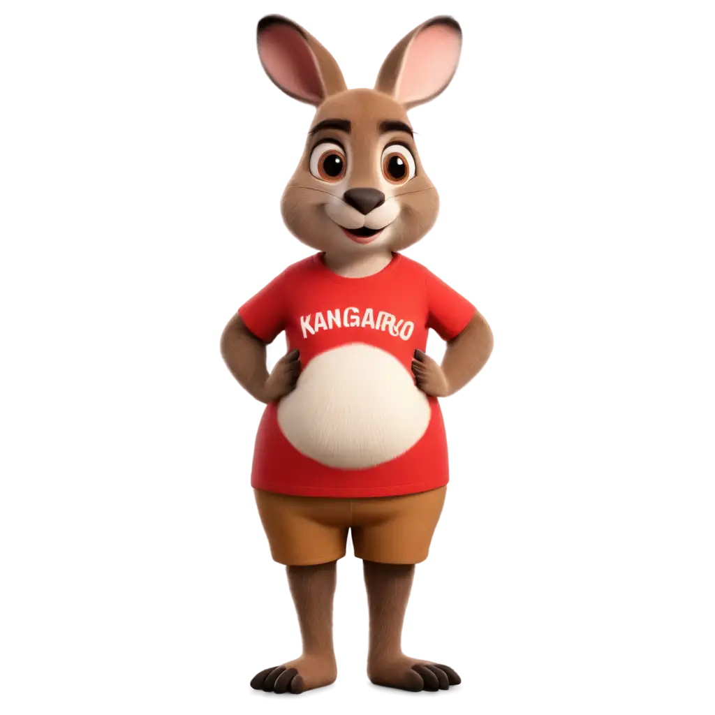 Create an adorable, chubby kangaroo character wearing a bright red T-shirt, standing confidently in a T-pose