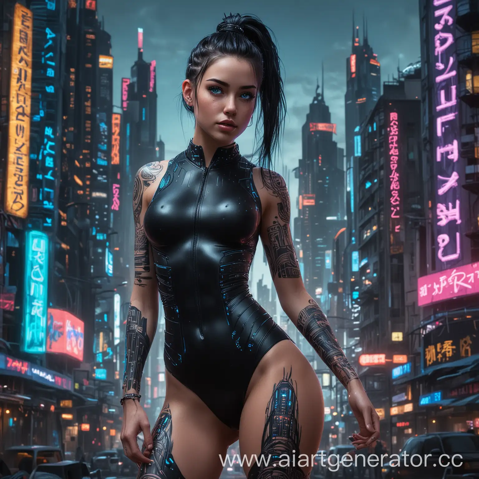 A young woman in her mid-20s, with long black hair styled in braids or a ponytail. She has bright blue eyes that glow in the dark. girl in full height legs visible. She is wearing a form-fitting black bodysuit with neon accents, highlighting her athletic figure and cybernetic enhancements. She has a neural interface on her temple, cybernetic enhancements on her arms, and glowing tattoos on her body that change color and pattern depending on her mood and activity. Her expression is confident and determined, with a hint of rebelliousness. The background is a futuristic cityscape at night, with towering skyscrapers and neon signs.