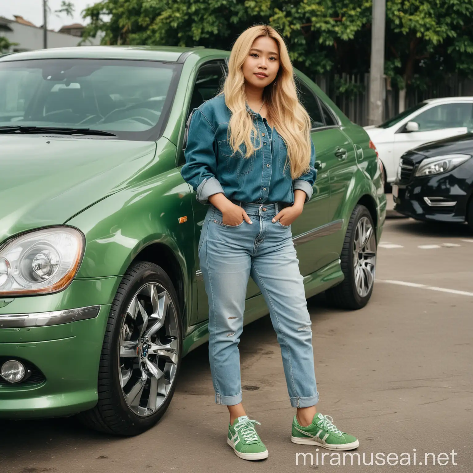Indonesian Woman Posing with Blonde Hair and Onitsuka Shoes by Mercedes C200