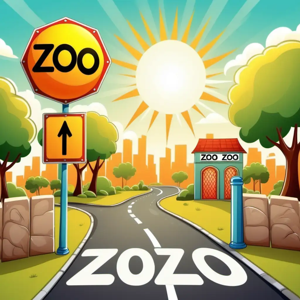 Cartoon Zoo Entrance on a Sunny Day with a Scenic Road