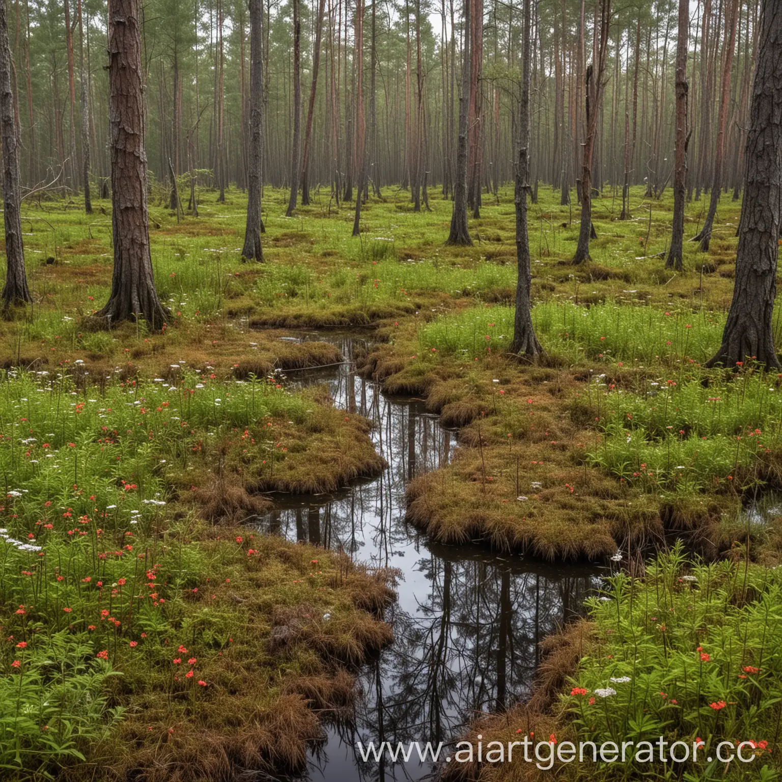 old swamp in the middle of the forest with rotten trees and overgrown with peat moss, wild rosemary and sundew