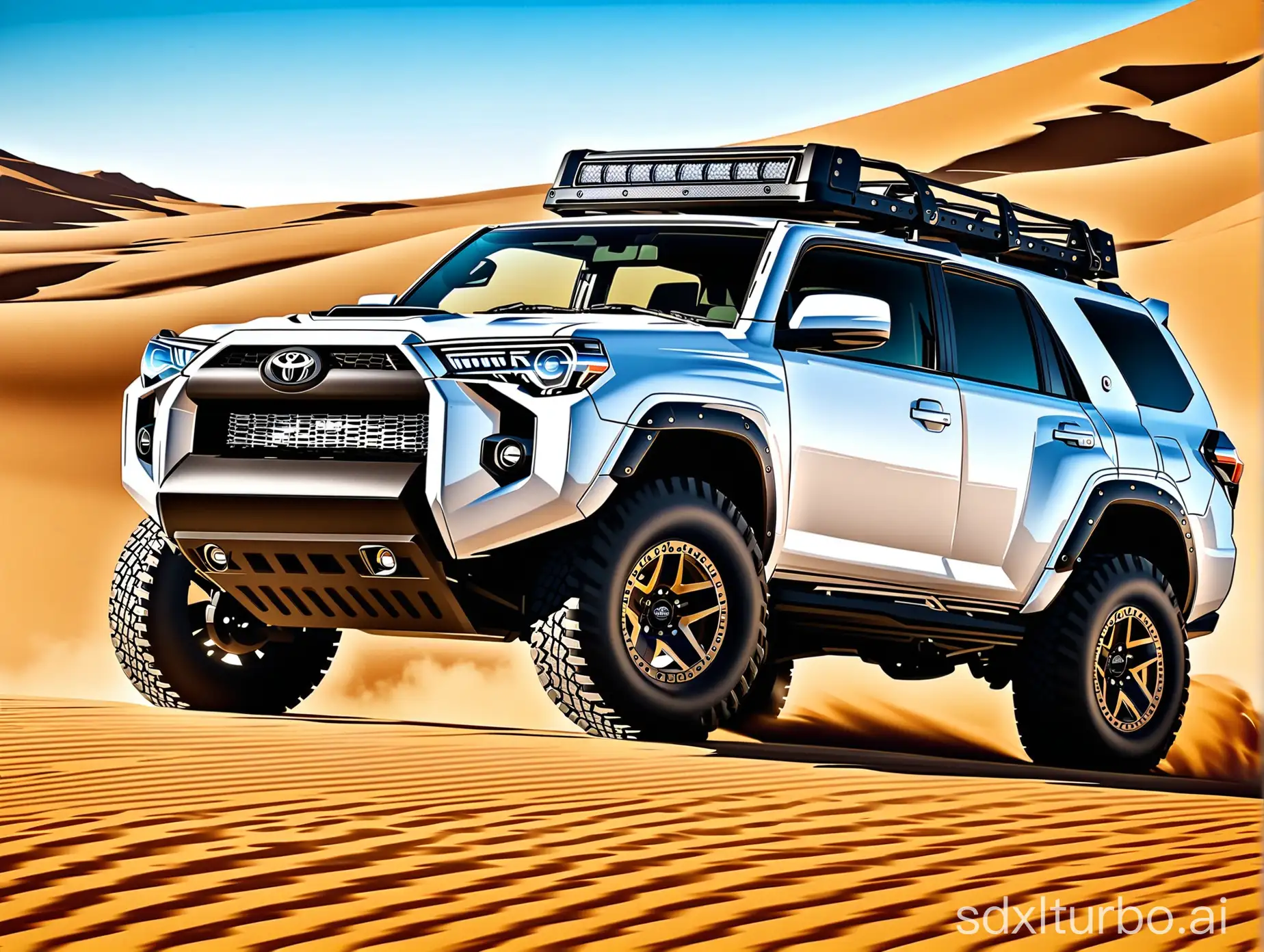 "Design a custom-made SUV that combines the rugged body design of a Toyota 4Runner with the bold headlights of a Dodge TRX. Integrate the TRX's distinctive headlights seamlessly into the 4Runner's front fascia, giving it a modern and aggressive appearance while retaining the 4Runner's classic boxy silhouette and off-road capabilities. Enhance the vehicle's stance with larger wheels and tires, as well as rugged fender flares and skid plates for added durability. Incorporate advanced features such as a lifted suspension system, off-road driving modes, and advanced traction control to further enhance the vehicle's off-road performance. Aim to create a visually striking and capable SUV that combines the best of both worlds, offering versatility, style, and performance for adventure enthusiasts."
