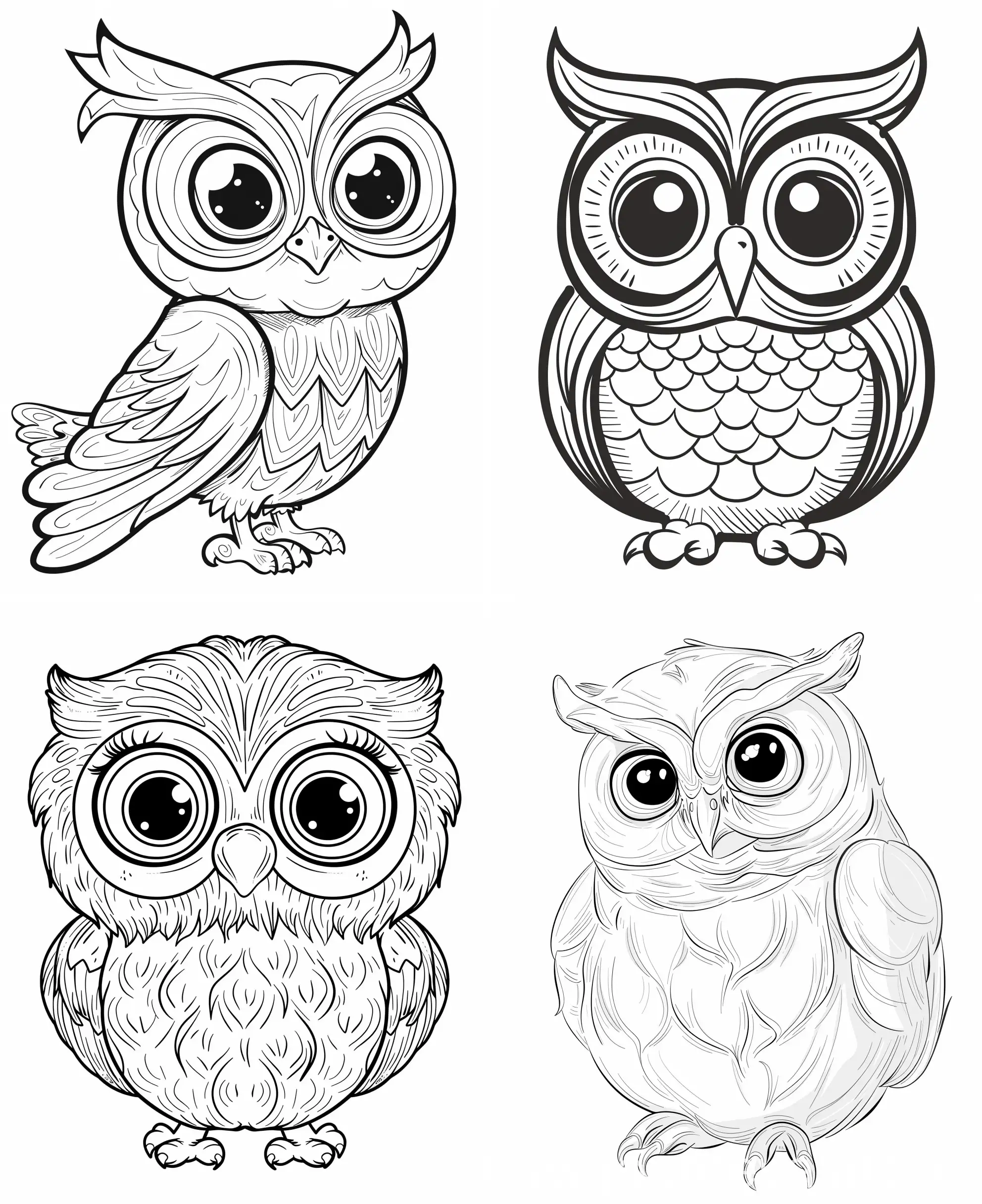 Coloring page of a cute Owl, use clean lines and leave plenty of white space for coloring, simple line art, one line art, clean and minimalistic line, --ar 9:11 