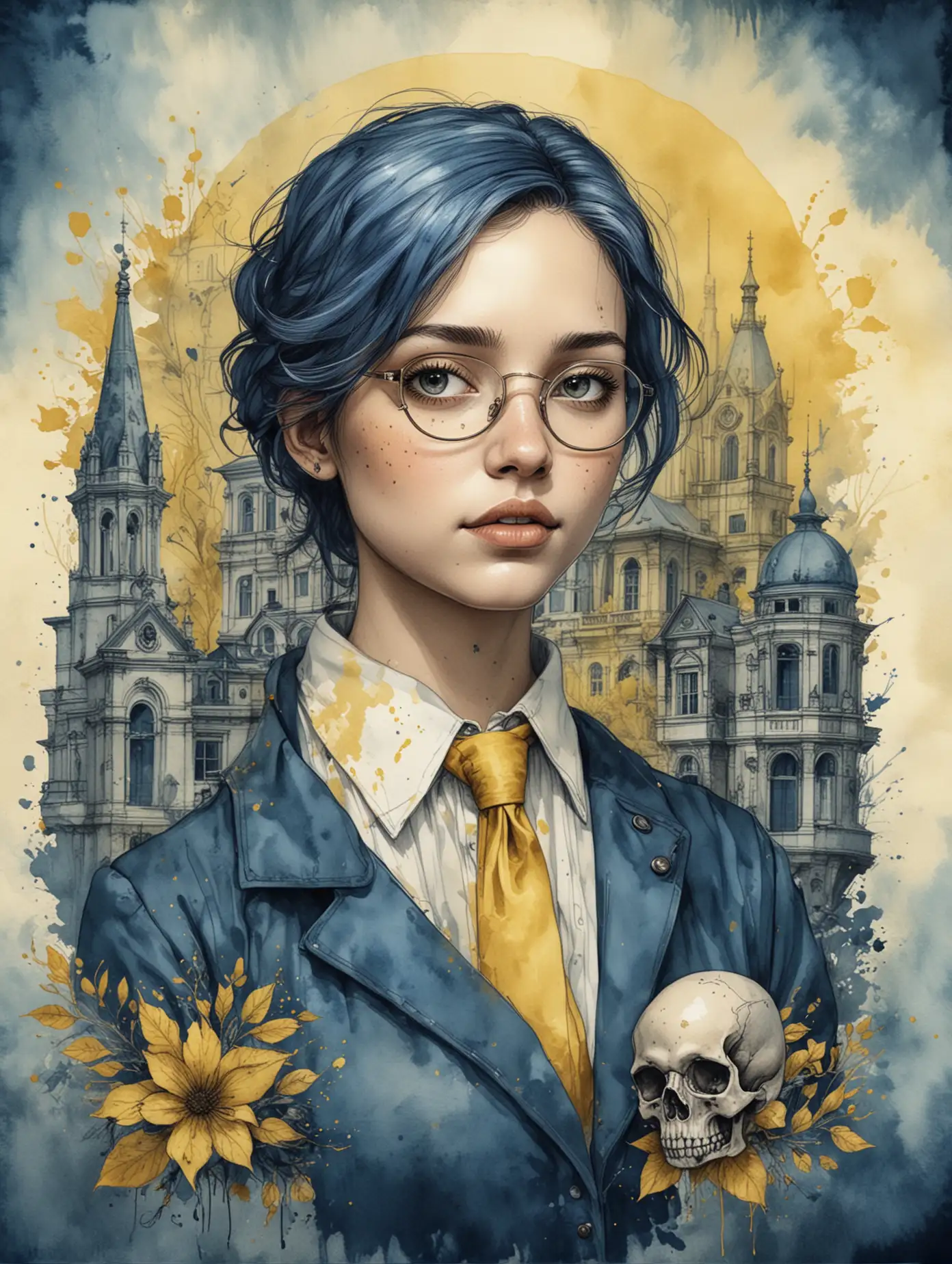 Digital illustration, dark academia, 300dpi, Graphic Art, in a yellow and blue watercolour and ink wash