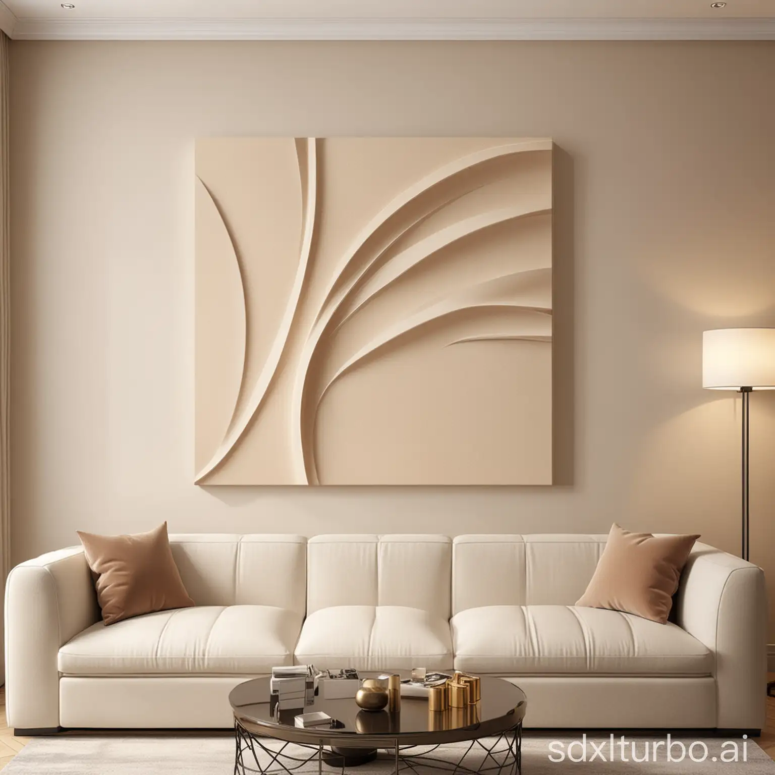 Abstract wall art, 3D sculpture, with beige, bold shape, background is living room, rectangle canvas,horizontal, smooth surface, living room, elegant minimalist design, modern home decor, real life
