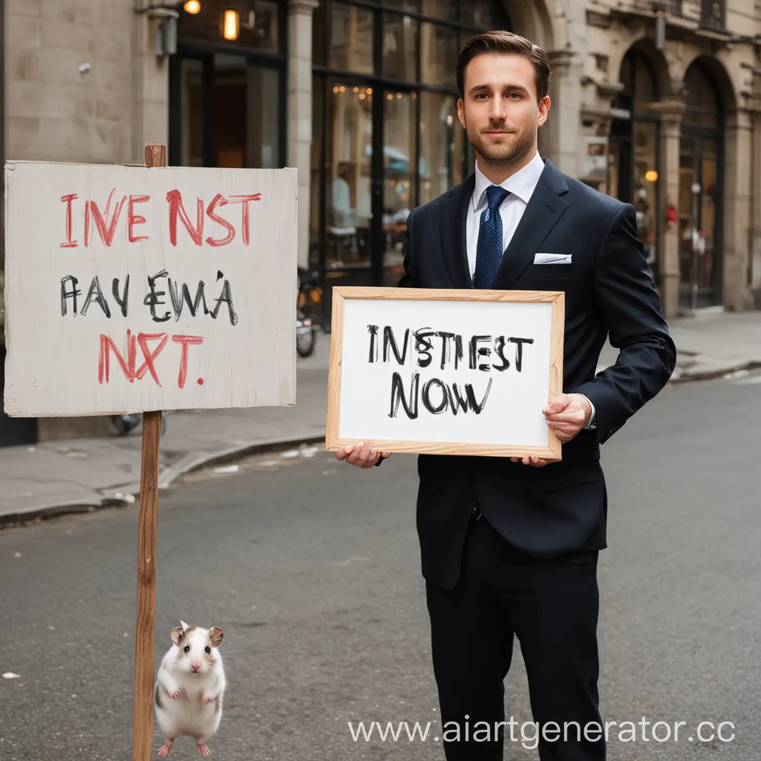 мужчина в костюме держащий в руках надпись INVEST NOW и рядом перечеркнуть надпись хомяк
