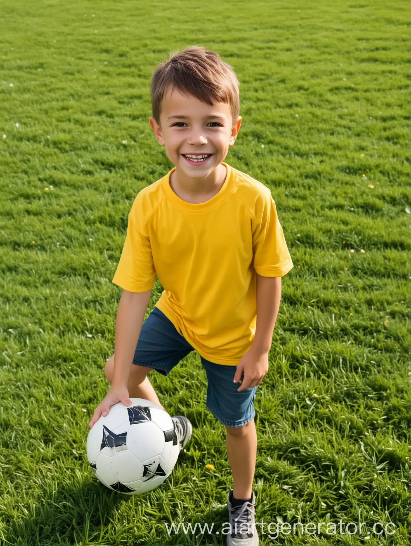 a boy with a soccer ball on the glade is smiling summer in a yellow t-shirt