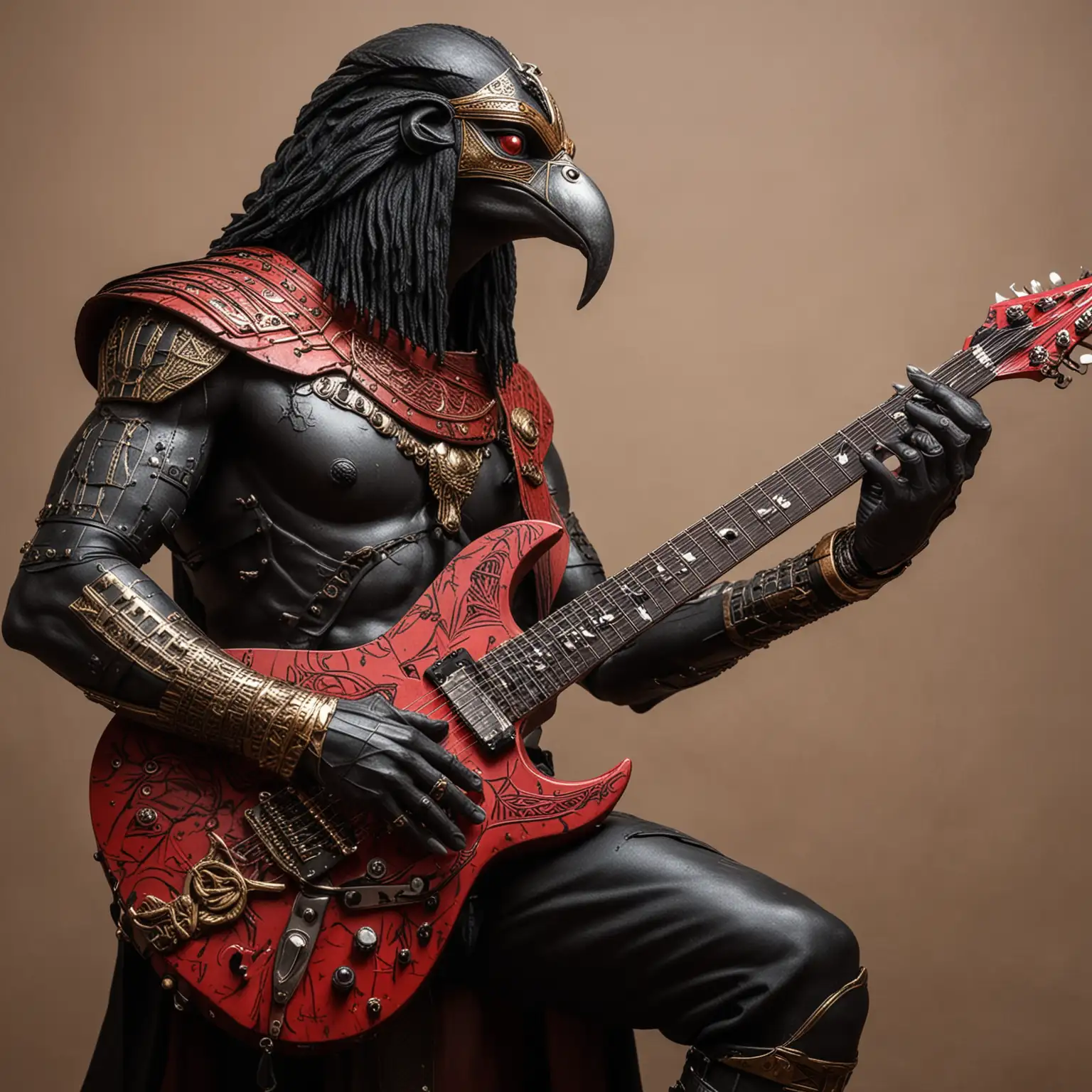 Horus entrain de jouer du métal sur une guitare noire et rouge 