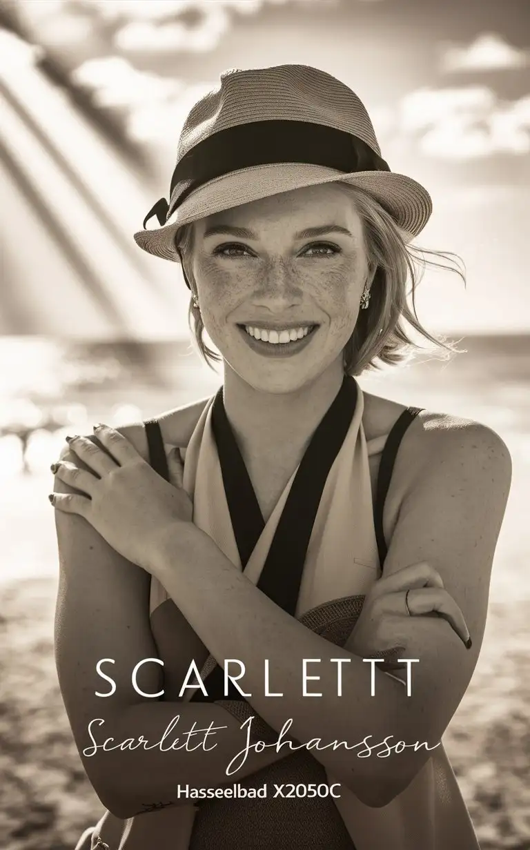 Portrait of a beautiful Scarlett Johansson wearing a hat, smiling, in summer attire, with freckles on her face, in a close-up shot, with sunlight, outdoors, in soft light, with a beach background, looking at the camera, with high resolution photography, in the style of Hasselblad X2D50c --ar 85:128 --v 6.0 --style raw