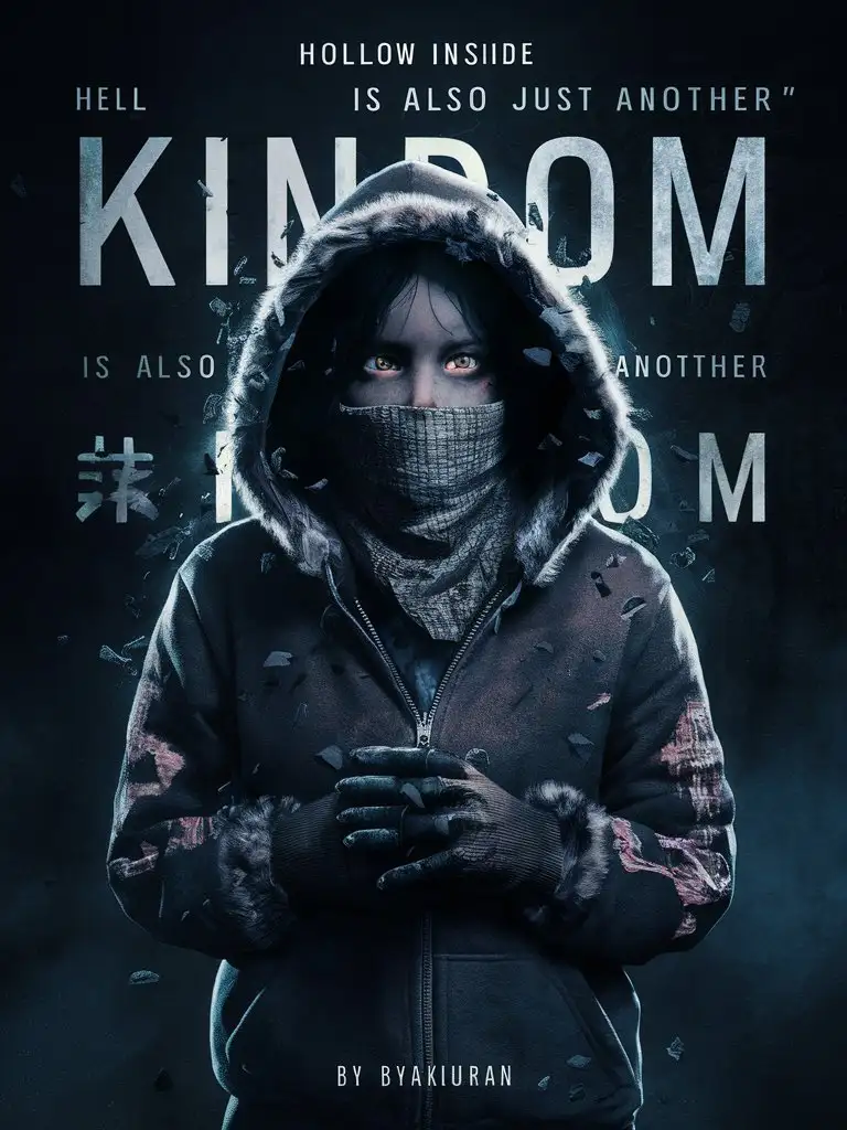 female eleven, fur-lined hoodie, full body, ultra HD detailed, professional photography, snood-mouth-covering-shawl, horror. stranger things
The following describes the 5-line caption with ash flaking around it
large letters:"Hollow Inside:"
next line large letters:"Hell"
next line Slightly smaller: "is also just another"
next line large letters:"Kingdom" 
below smaller: "By Byakuran"