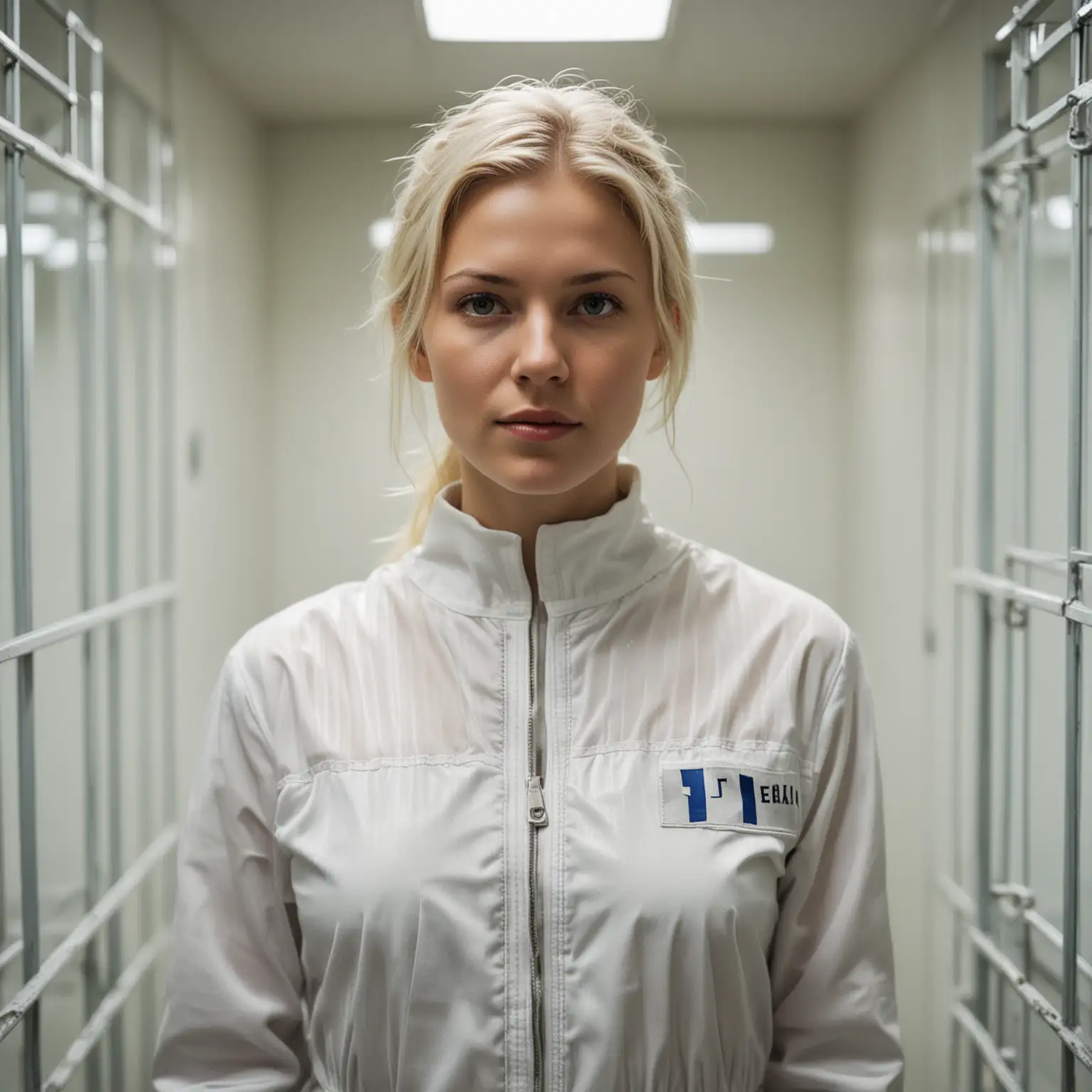 Nordic Woman in White Prison Jumpsuit Behind Glass Fronted Cell
