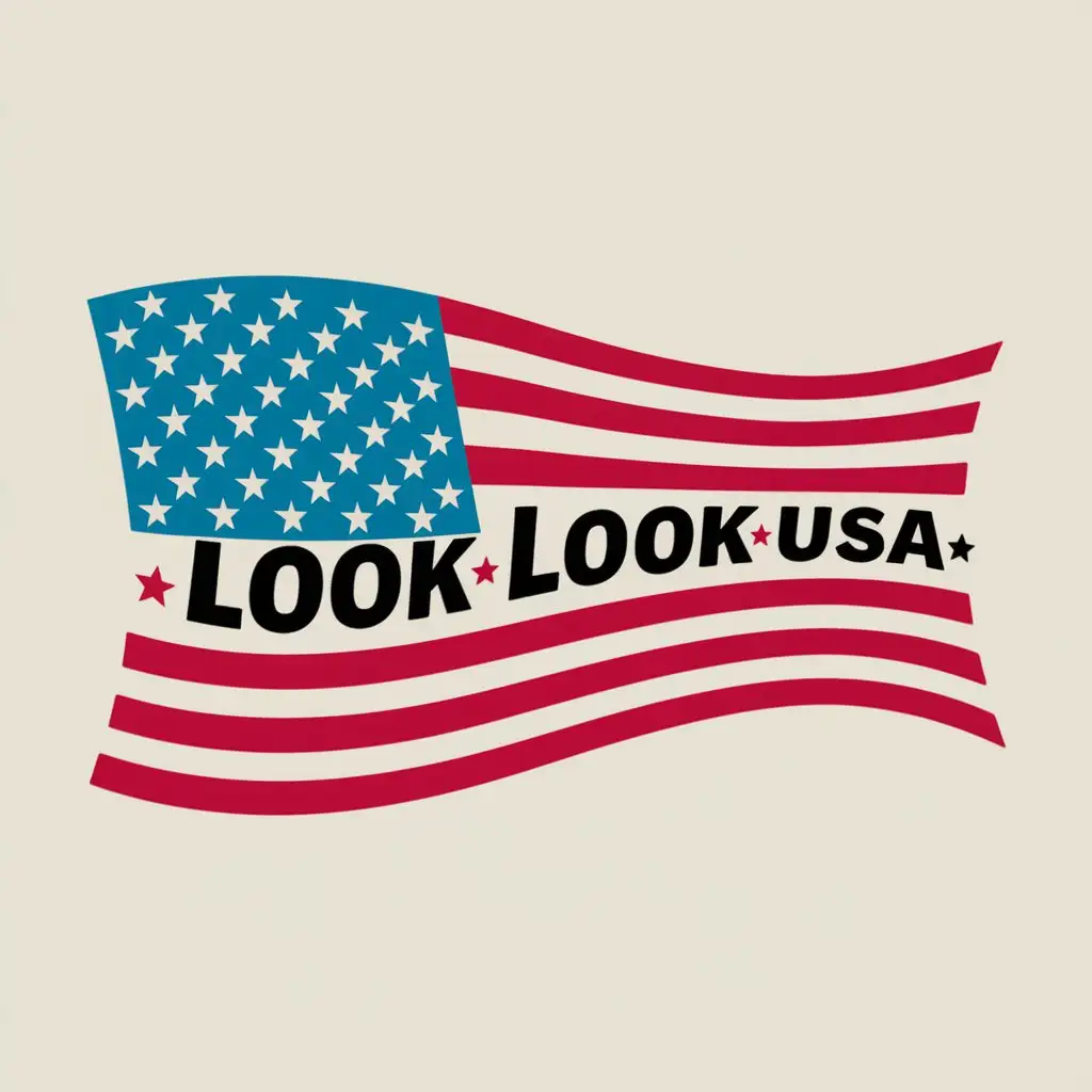 character ：LOOKLOOKUSA are written on the american flag. it looks like a cute brand for a car store