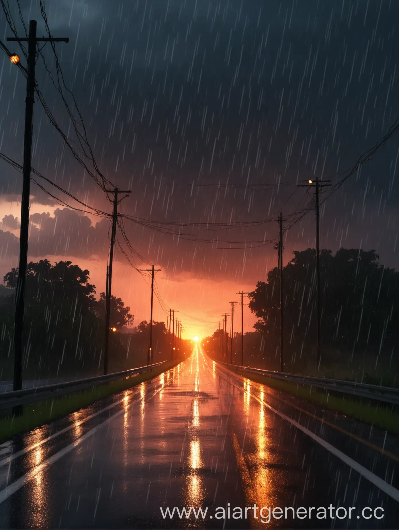 Vibrant-Sunset-Rain-on-Urban-Road-with-Illuminated-Lights